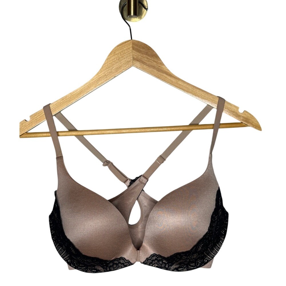 Victoria Secret Push Up Bra Taupe Black Lace Underwire 34D